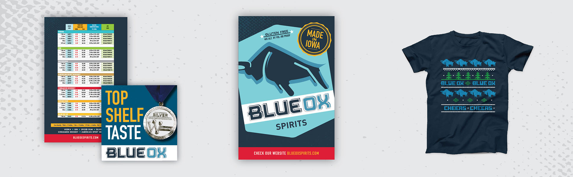 Blue Ox Spirits sales sheet, poster and holiday T-shirt designed by Project7 Design