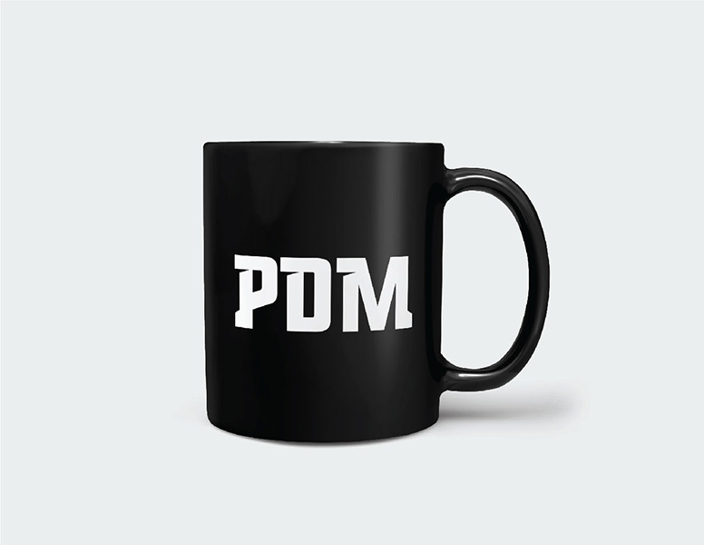 Black coffee mug with white PDM logo
