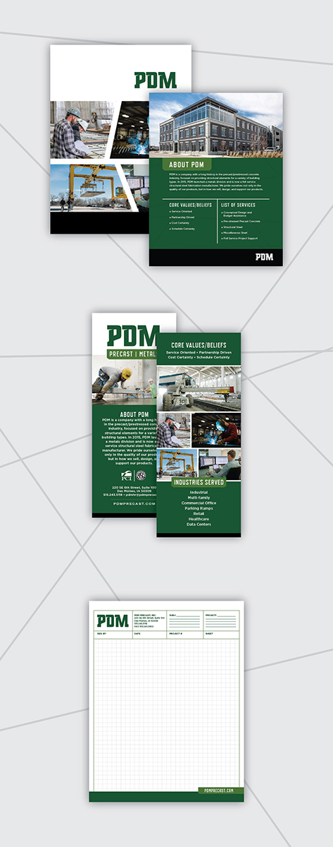PDM sales sheets, rack cards and graph paper pad designed by Project7 Design