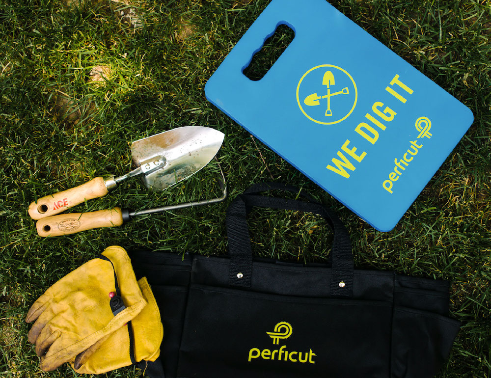 Perficut branded gardening items including knee pad and garden tool tote