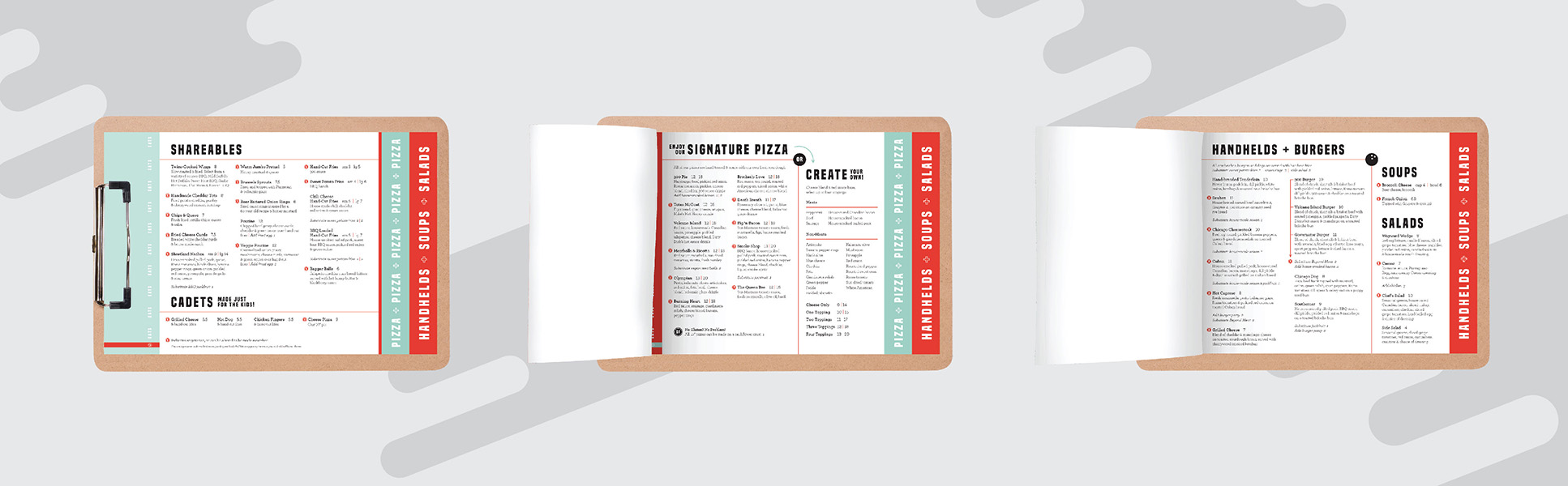 Three pages showing the menu for Wayward Social's restaurant