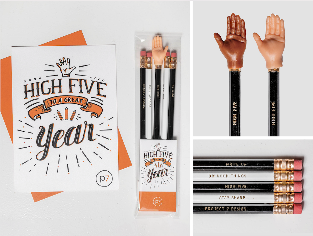 P7 anniversary card that says "high five to a great year" with pencils and tiny hands the erasers.