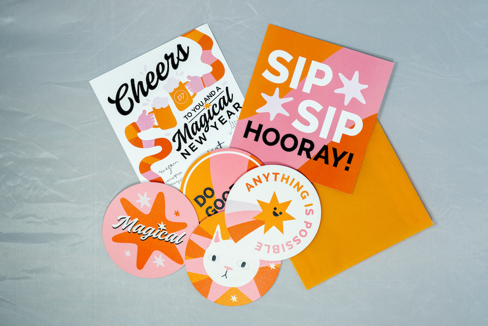P7 Holiday card that says "Sip Sip Hooray"