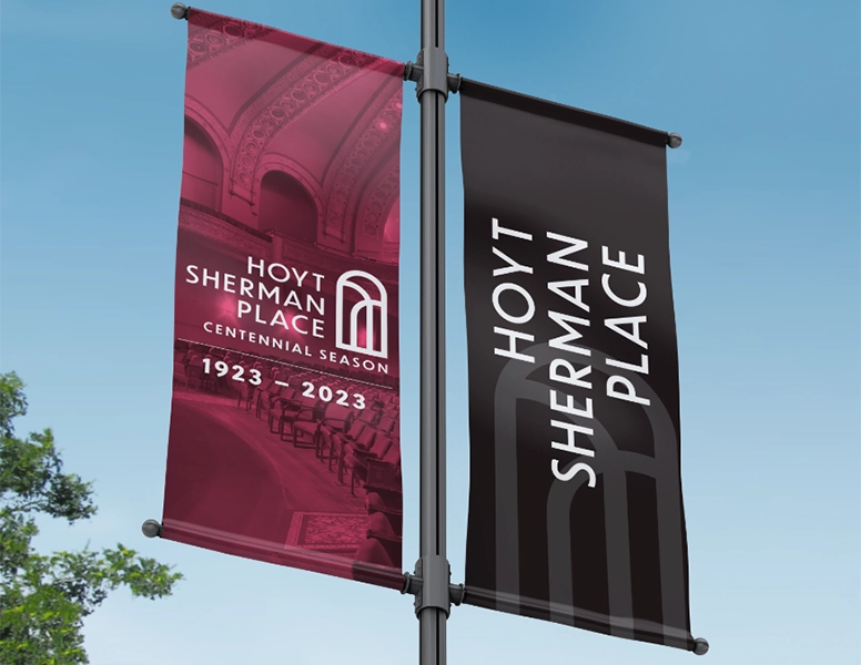 Hoyt Sherman Place outdoor Banners in pink and black
