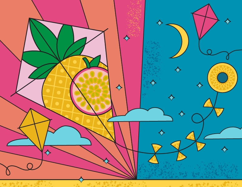 Climbing Kites can illustration for pineapple passion fruit depicting a pink kite with a pineapple and passionfruit with the kite tail with pineapple slices attached