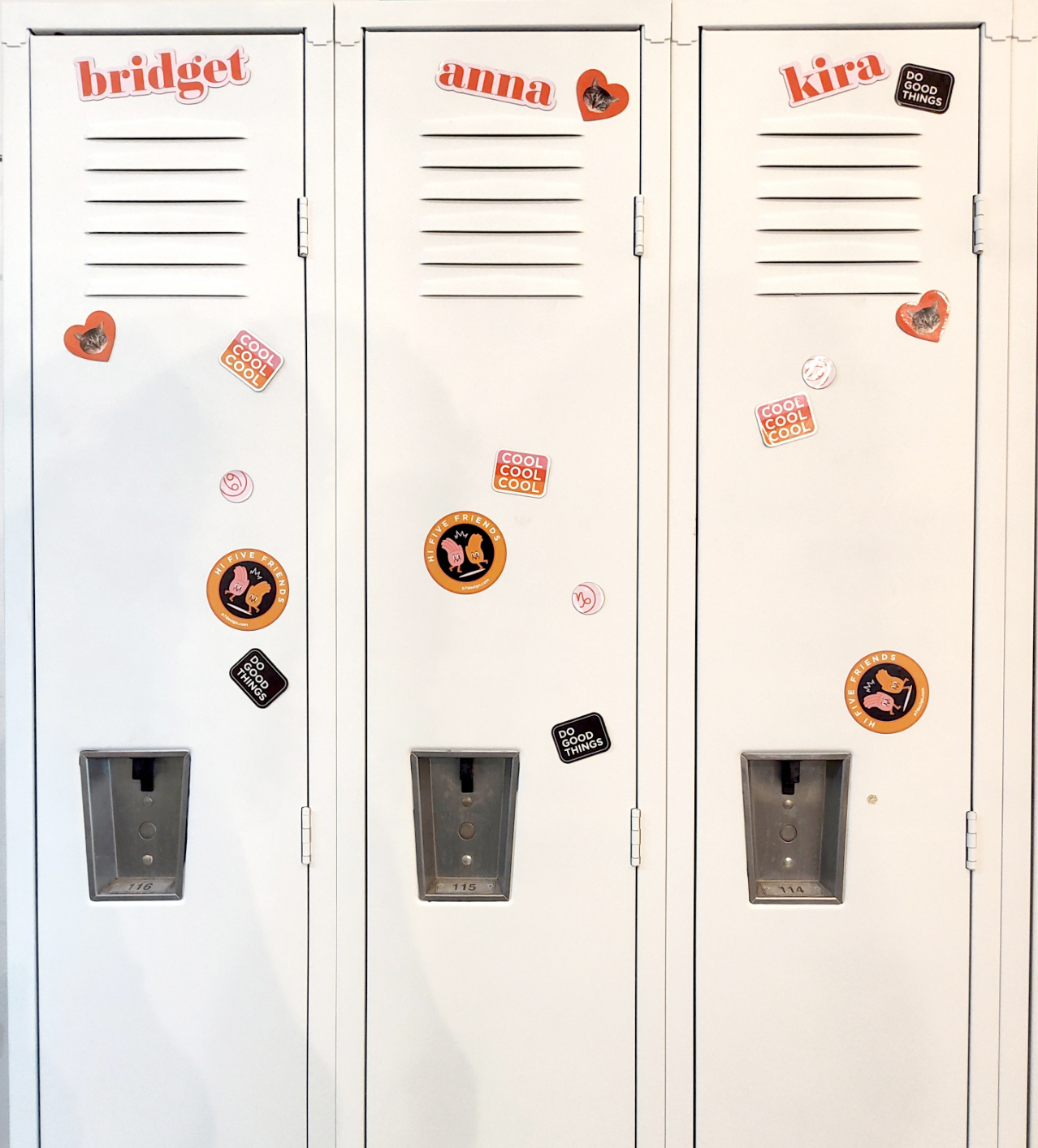 A row of white lockers with colorful p7 branded magnets