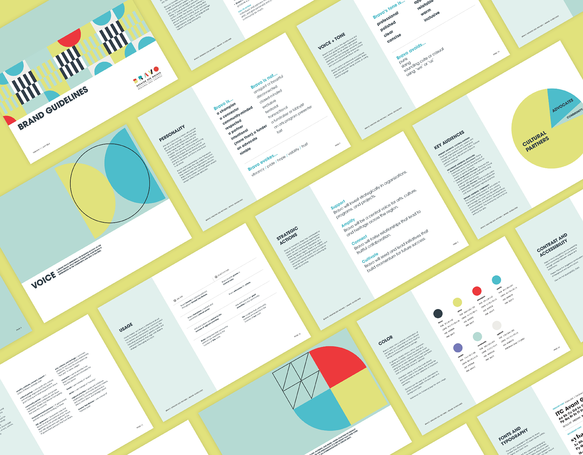 A series of pages from the Bravo Greater Des Moines Brand Guidelines Booklet
