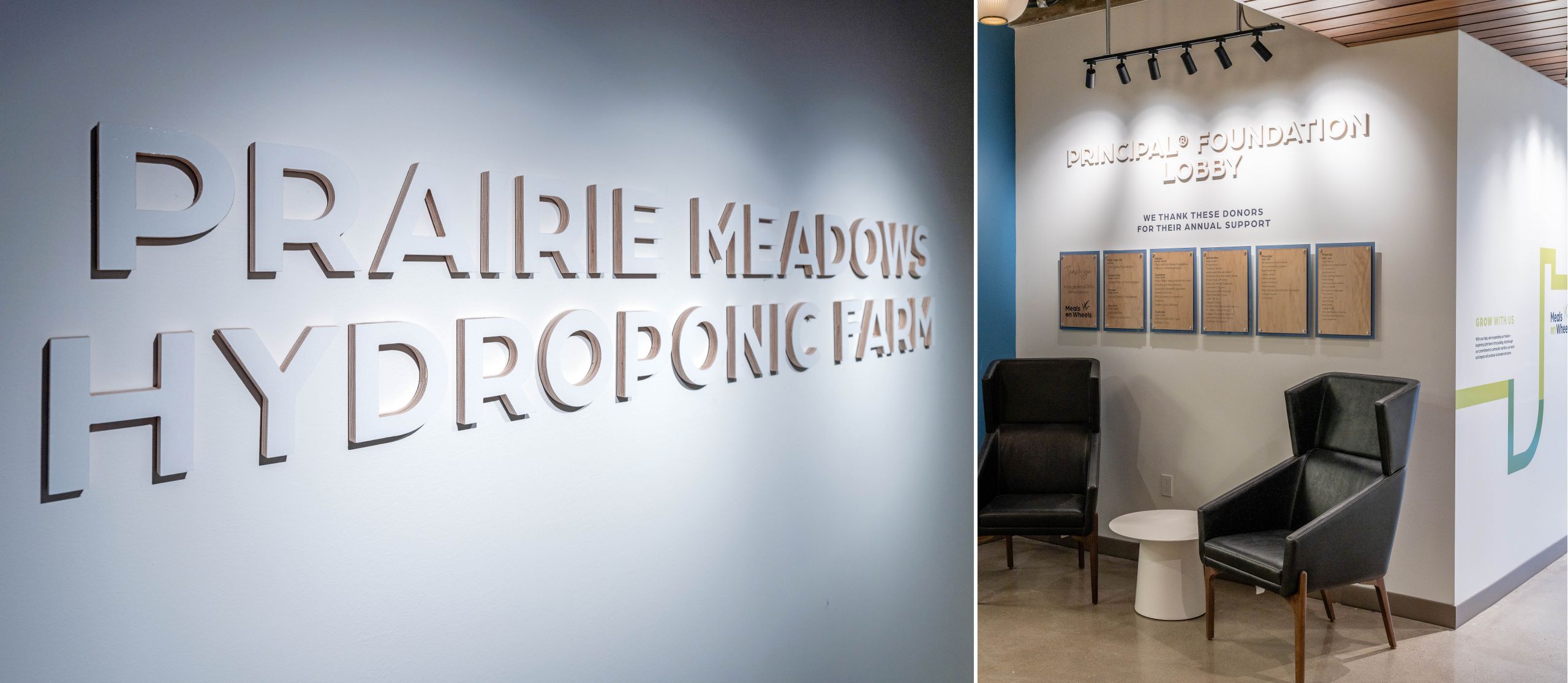 PRAIRIE MEADOWS HYDROPONIC FARM donor recognition on the walls of the WesleLife Meals o Wheels Campus