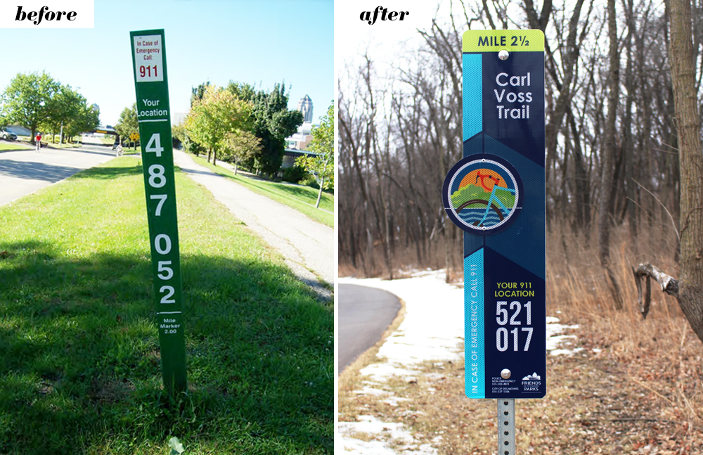 Before and after Des Moines Parks and Recreation emergency 911 trail signs